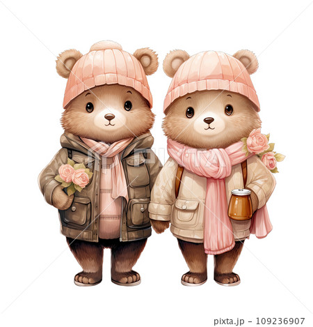 Couple bear dressed in pink and green winter outfits on Valentines day 109236907