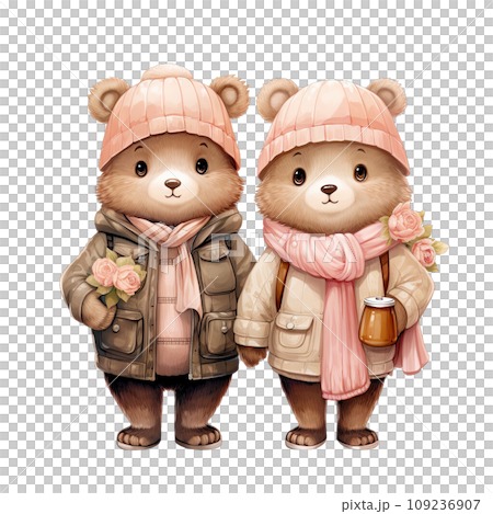Couple bear dressed in pink and green winter outfits on Valentines day 109236907
