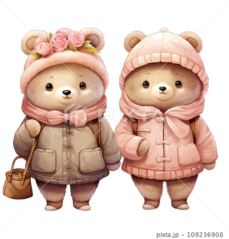 Couple bear dressed in pink and green winter outfits on Valentines day Couple bear dressed in pink and green winter outfits on Valentines day 109236908
