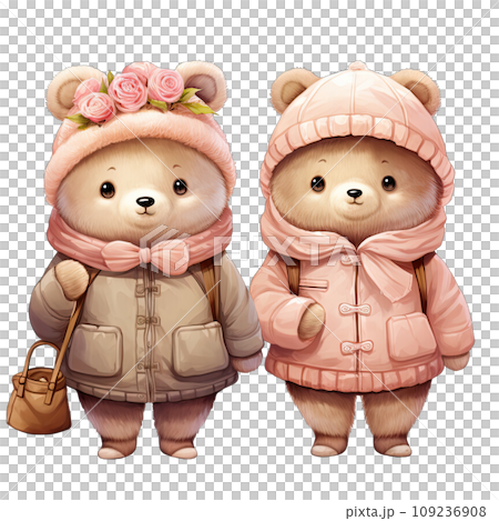 Couple bear dressed in pink and green winter outfits on Valentines day Couple bear dressed in pink and green winter outfits on Valentines day 109236908