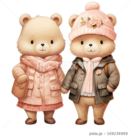 Couple bear dressed in pink and green winter outfits on Valentines day Couple bear dressed in pink and green winter outfits on Valentines day 109236909