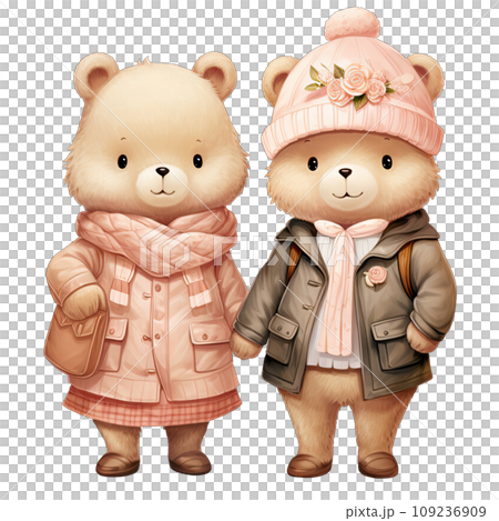 Couple bear dressed in pink and green winter outfits on Valentines day Couple bear dressed in pink and green winter outfits on Valentines day 109236909