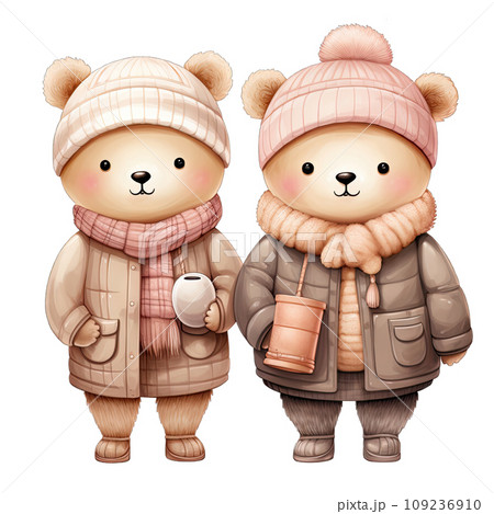 Couple bear dressed in pink and green winter outfits on Valentines day Couple bear dressed in pink and green winter outfits on Valentines day 109236910