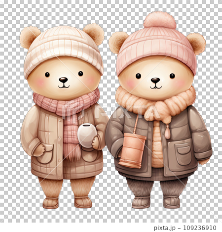 Couple bear dressed in pink and green winter outfits on Valentines day Couple bear dressed in pink and green winter outfits on Valentines day 109236910