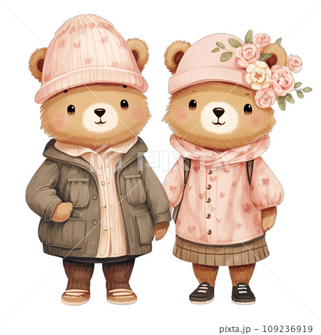 Couple bear dressed in pink and green winter outfits on Valentines day Couple bear dressed in pink and green winter outfits on Valentines day 109236919