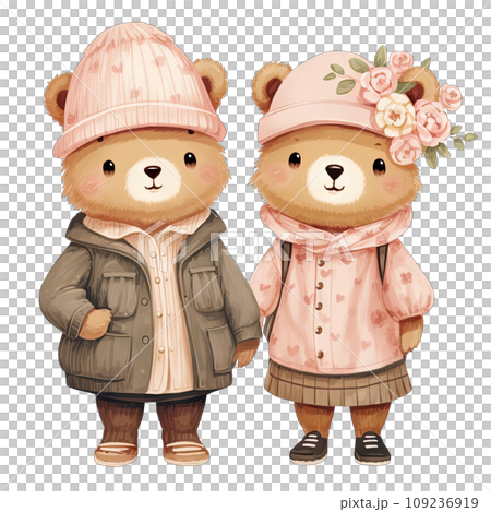 Couple bear dressed in pink and green winter outfits on Valentines day Couple bear dressed in pink and green winter outfits on Valentines day 109236919