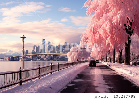Panoramic view of a winter Seattle city skyline at dusk, with the city lights reflecting off the icy surfaces and creating a magical 109237798