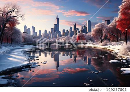 Winter Chicago city skyline, urban winter wonderland, Snow-covered trees in city parks Winter Chicago city skyline, urban winter wonderland, Snow-covered trees in city parks 109237801