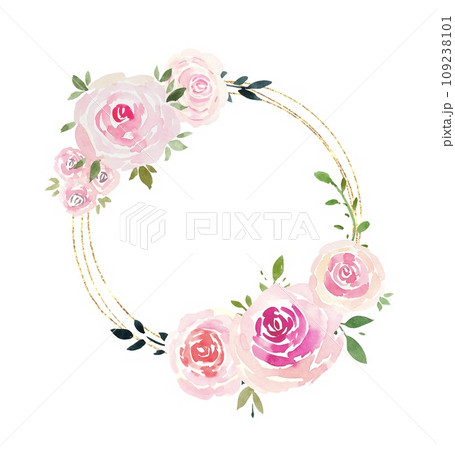 Wreath with delicate roses and leaves, watercolor 109238101