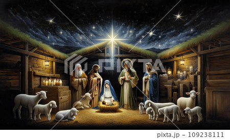 Oil painting representing the holy family. Nativity scene in Bethlehem. Christmas scene illustration showing holy family with Joseph Mary baby Jesus - shepherds and sheep. Starry sky Oil painting representing the holy family. Nativity scene in Bethlehem. Christmas scene illustration showing holy family with Joseph Mary baby Jesus - shepherds and sheep. Starry sky 109238111