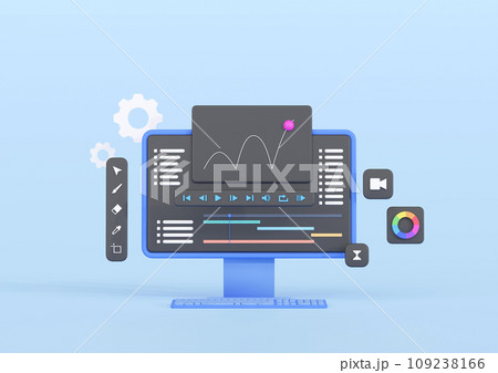 3DCG｜デスクトップパソコンで動画編集・映像制作するイメージのイラスト素材 [109238166] - PIXTA