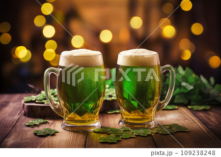 St Patrick's day concept - green beer with bokeh background St Patrick's day concept - green beer with bokeh background 109238248