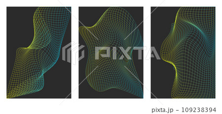 Brutalist abstract Geometric Gradient Grids. Primitive Retrofuturism Poster set. Wireframe Perspective Landscape in Neon Green and Yellow Colors. Polygonal 3d Surface, Vector Illustration. 109238394