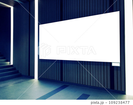 Blank lightbox banner on the wall inside a commercial building, empty space for advertisement. Landscape template banner on the wall. Blank lightbox banner on the wall inside a commercial building, empty space for advertisement. Landscape template banner on the wall. 109238477