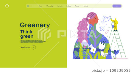 Greenery, ecology -modern flat vector concept illustration of a man painting a mural of a woman, composed with landscape. Metaphor of environmental sustainability and protection, closeness to nature Greenery, ecology -modern flat vector concept illustration of a man painting a mural of a woman, composed with landscape. Metaphor of environmental sustainability and protection, closeness to nature 109239053