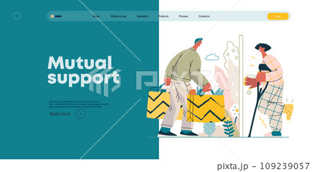 Mutual Support Buying groceries for ill neighbor -modern flat vector concept illustration of man carrying shopping bags for woman on crutches Metaphor of voluntary, collaborative exchanges of services 109239057