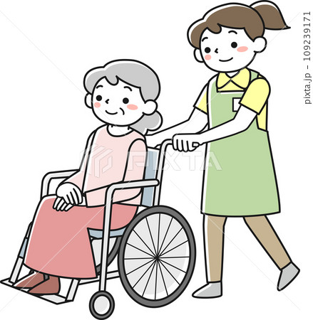 車椅子に乗ったシニア女性と女性職員 109239171