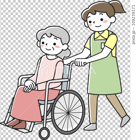車椅子に乗ったシニア女性と女性職員 109239171