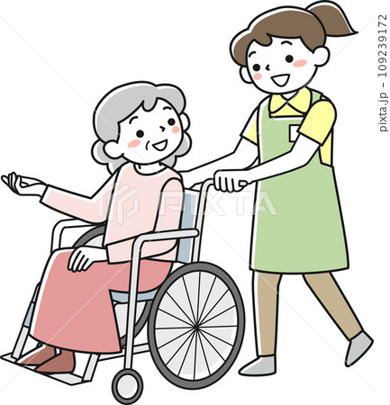 車椅子に乗ったシニア女性と女性職員 109239172