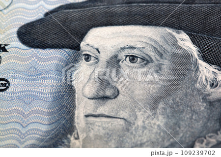 Sebastian Munster a closeup portrait from old German money Sebastian Munster a closeup portrait from old German money 109239702