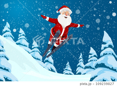 Christmas Santa jumps from springboard with ski flying over winter forest in snow, holiday cartoon vector background. Christmas and New Year winter holiday greeting card with Santa skiing and jumping 109239827