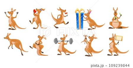 Cartoon kangaroo character, cute animal joey or Australian wallaby, vector happy mother with baby in pouch. Funny comic cartoon kangaroo with birthday gift, jumping with love heart or on sport gym Cartoon kangaroo character, cute animal joey or Australian wallaby, vector happy mother with baby in pouch. Funny comic cartoon kangaroo with birthday gift, jumping with love heart or on sport gym 109239844