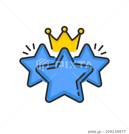 Bonus stars with crown icon. Vector exclusive benefits, reward or gift for VIP members of customer loyalty incentive program. Isolated color line symbol of blue stars and gold royal crown Bonus stars with crown icon. Vector exclusive benefits, reward or gift for VIP members of customer loyalty incentive program. Isolated color line symbol of blue stars and gold royal crown 109239977