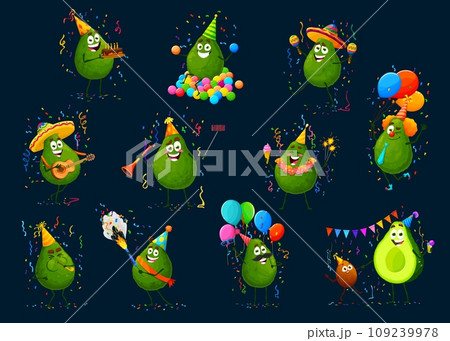 Cartoon avocado characters on holiday party set. Happy vector cheerful fruits in festive hat fun with sparklers, ice cream, maracas, flapper and balloons under falling confetti at birthday celebration 109239978
