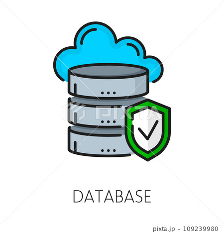Database. CMS. Content management system icon. Web database service, online storage or CMS server thin line pictogram or sign. Internet content management system icon with disc, cloud and shield 109239980