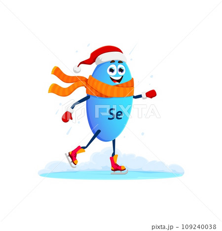 Cartoon Selenium mineral micronutrient on ice skates for Christmas winter holiday, vector character. Funny Selenium mineral pill skating on ice rink in Santa hat and scarf for healthy winter holiday 109240038