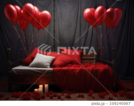 AI generation. Romantic Valentines Day background with bed with red linens, rose petals and candles. AI generation. Romantic Valentines Day background with bed with red linens, rose petals and candles. 109240067