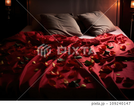 AI generation. Romantic Valentines Day background with bed with red linens, rose petals and candles. AI generation. Romantic Valentines Day background with bed with red linens, rose petals and candles. 109240147