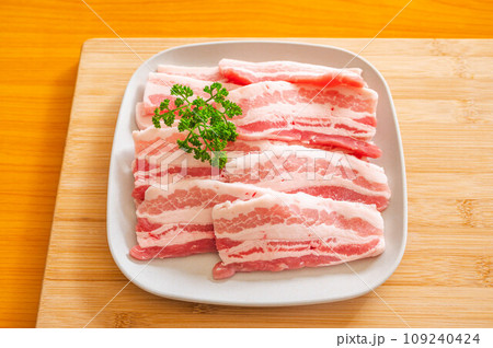 お皿に盛った豚バラ肉 109240424