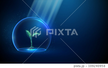 Abstract green growing plant inside glass dome and sun beams. Nature protection and smart farming concept Low poly style 109240958