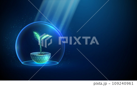 Abstract green growing plant in pot inside glass dome and sun beams Nature protection and smart farming concept Low poly 109240961