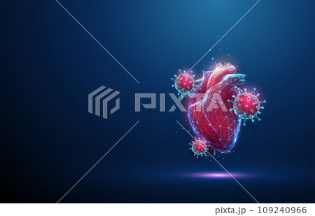 Abstract red human heart with attacking red viruses. Healthcare medical concept. Low poly style 109240966