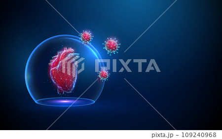 Abstract red human heart in transparent glass dome attacking by red viruses. Heart protection Healthcare medical concept Abstract red human heart in transparent glass dome attacking by red viruses. Heart protection Healthcare medical concept 109240968