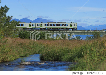 赤城山を背景に神流川を渡る八高線キハ110系気動車_2023/11/11撮影 109241187