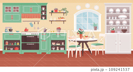 Kitchen vector illustration. The kitchen interior reflects personal style, making daily living visual pleasure Culinary creativity blossoms in kitchen adorned with stylish decor and utensils Kitchen vector illustration. The kitchen interior reflects personal style, making daily living visual pleasure Culinary creativity blossoms in kitchen adorned with stylish decor and utensils 109241537