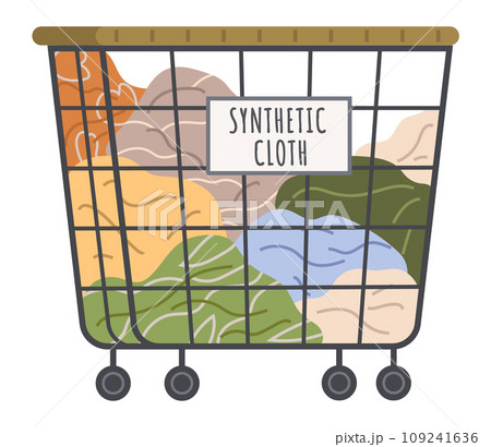 Dirty clothes, apparel heap in basket. Pile of syntetic clothing, laundry vector illustration. Clothing and garment care, housekeeping concept. Basket with dirty textile, fabric or napkin for washing 109241636