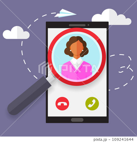 Search for contact in your phone, magnifying glass and person on smartphone screen, business banner. Job interview, personal data form with magnifier and avatar. Conversation, employee candidate 109241644