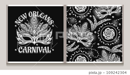 Seamless pattern, label with carnival masquerade masks, feathers, party streamers, rose flower on black background. Detailed vintage illustration for prints, apparel, clothing, surface design. Not AI 109242304