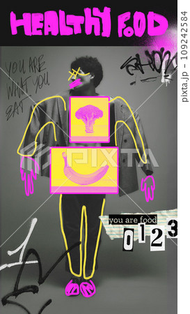 Young stylish guy choosing healthy organic products for eating,. Street style art with doodles. Contemporary art collage. 109242584