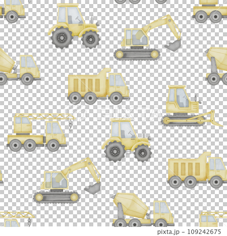 Truck seamless Pattern Watercolor illustration. Hand drawn cars on isolated background. Baby boy toy drawing. Sketch of construction transport for clothing and fabrics for children. 109242675