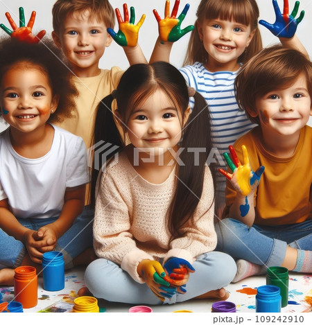 Cute smiling little children with hands in different colors paint playing together on white background Cute smiling little children with hands in different colors paint playing together on white background 109242910