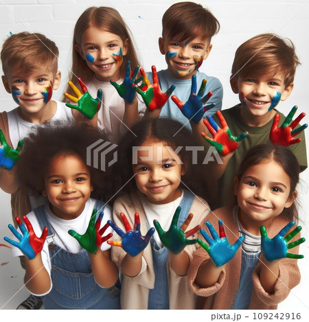 Cute smiling little children with hands in different colors paint playing together on white background 109242916