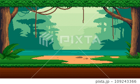 Pixel art seamless landscape with tropical forest, lake and hanging liana vines. 8-bit retro video game style jungle background. 109243366