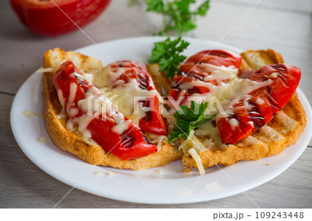 hot sandwich of fried toast bread with baked peppers and cheese hot sandwich of fried toast bread with baked peppers and cheese 109243448