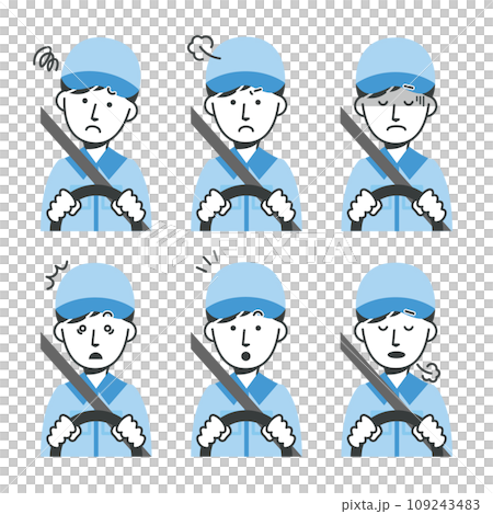 A set of men in work clothes while driving with various expressions 109243483