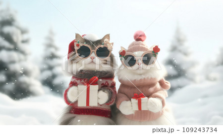 Cute couple cat with gift box on snowy background. Cute couple cat with gift box on snowy background. 109243734
